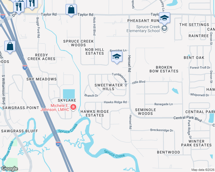 map of restaurants, bars, coffee shops, grocery stores, and more near 655 Tumblebrook Drive in Port Orange