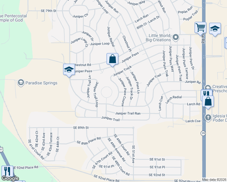 map of restaurants, bars, coffee shops, grocery stores, and more near 23 Juniper Trail Circle in Ocala