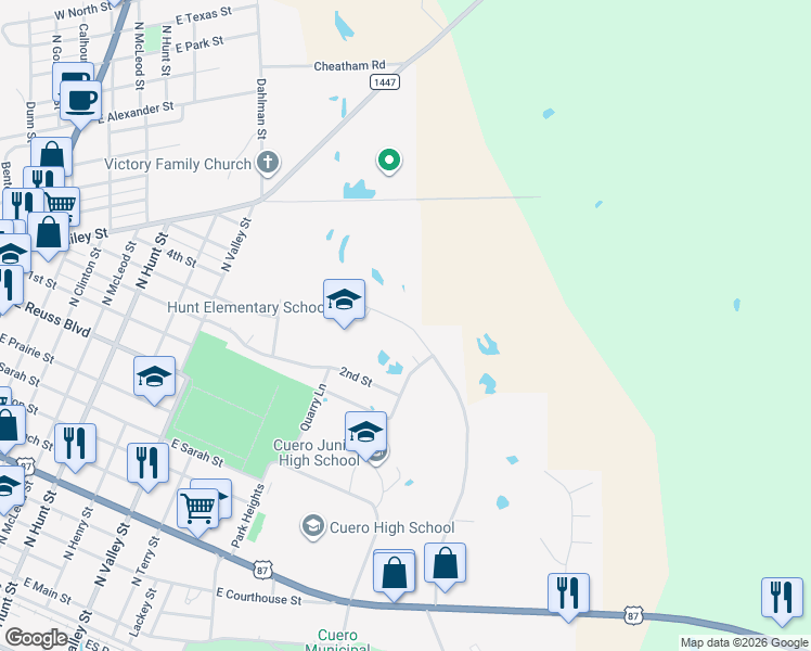 map of restaurants, bars, coffee shops, grocery stores, and more near 144 Industrial Park in Cuero