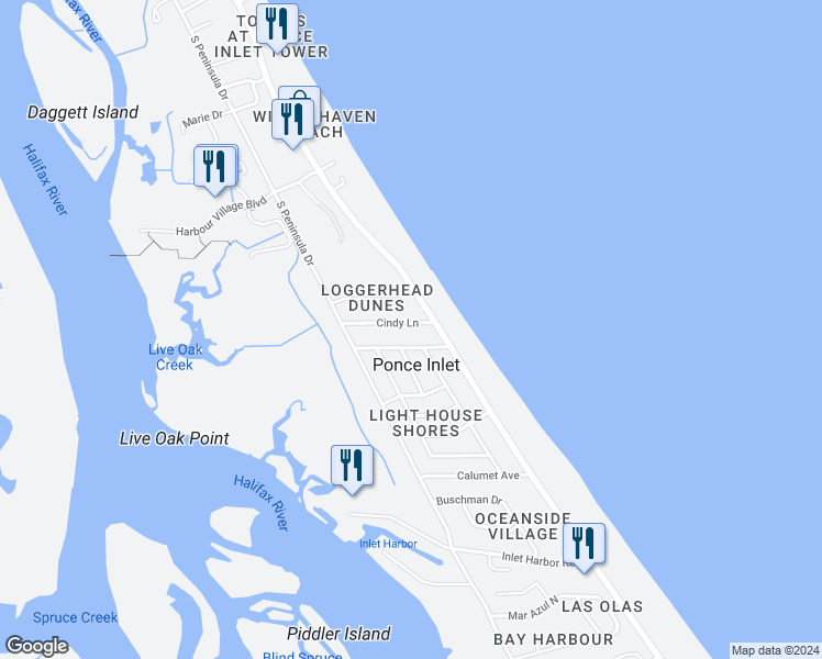 map of restaurants, bars, coffee shops, grocery stores, and more near 49 Cindy Lane in Ponce Inlet