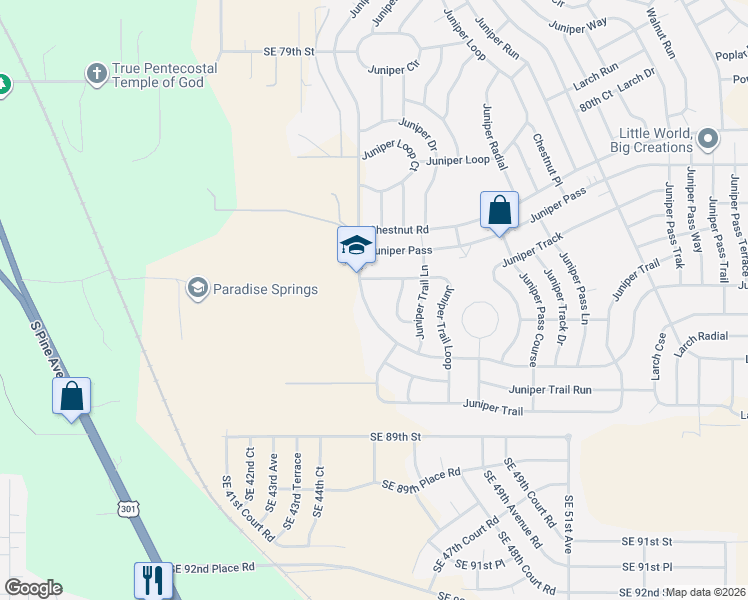 map of restaurants, bars, coffee shops, grocery stores, and more near 8500 Juniper Road in Ocala