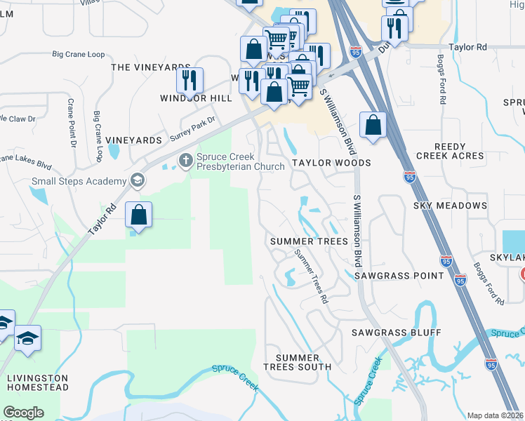 map of restaurants, bars, coffee shops, grocery stores, and more near 127 Cypress Pond Road in Port Orange