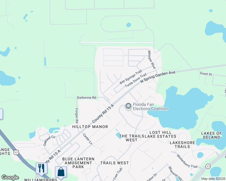 map of restaurants, bars, coffee shops, grocery stores, and more near 3833 Arborvitae Way in DeLand