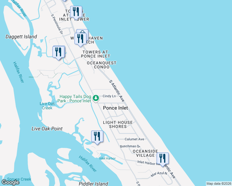 map of restaurants, bars, coffee shops, grocery stores, and more near 4686 South Atlantic Avenue in Port Orange