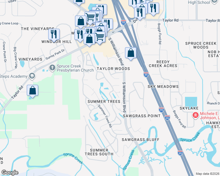 map of restaurants, bars, coffee shops, grocery stores, and more near 47 Crooked Pine Road in Port Orange