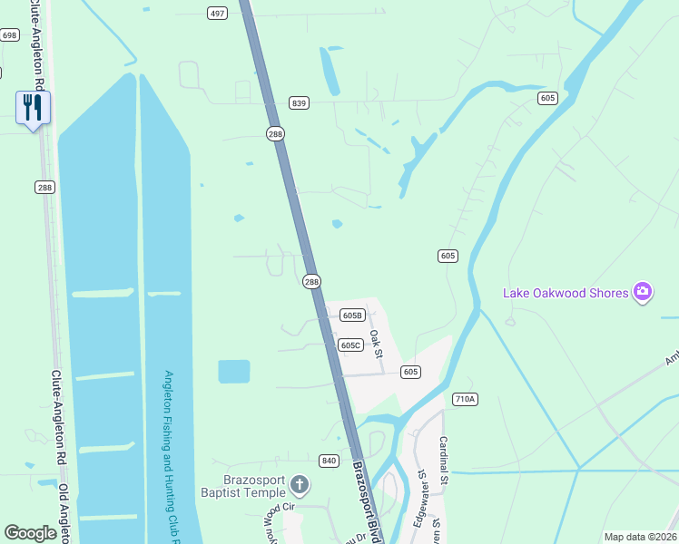 map of restaurants, bars, coffee shops, grocery stores, and more near 163 County Road 605B in Angleton