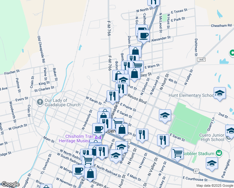 map of restaurants, bars, coffee shops, grocery stores, and more near 912 North Esplanade Street in Cuero