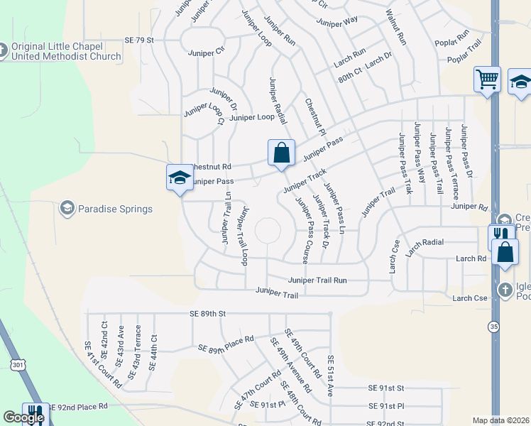 map of restaurants, bars, coffee shops, grocery stores, and more near 79 Juniper Trail Loop in Ocala