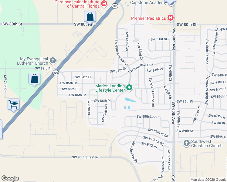 map of restaurants, bars, coffee shops, grocery stores, and more near 8532 Southwest 65th Court Road in Ocala