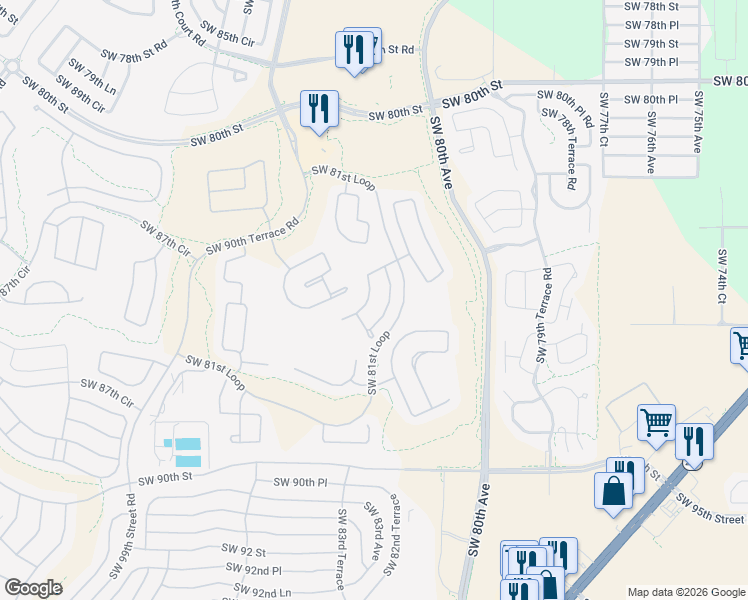 map of restaurants, bars, coffee shops, grocery stores, and more near 8556 Southwest 82nd Terrace in Ocala