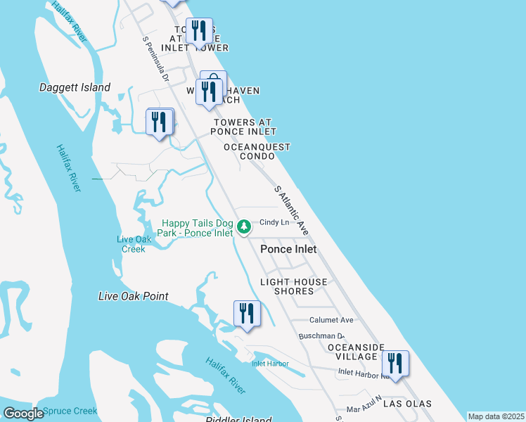 map of restaurants, bars, coffee shops, grocery stores, and more near 49 Loggerhead Court in Ponce Inlet