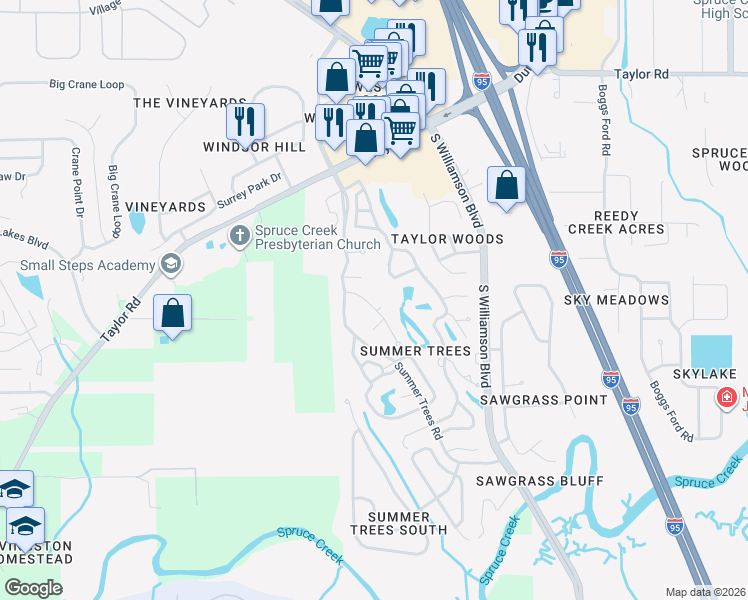 map of restaurants, bars, coffee shops, grocery stores, and more near 59 Cypress Pond Road in Port Orange