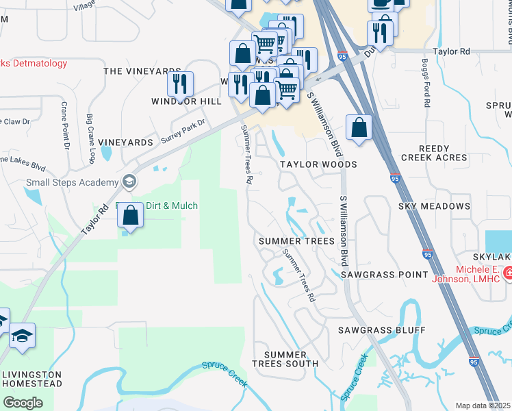 map of restaurants, bars, coffee shops, grocery stores, and more near 127 Cypress Pond Road in Port Orange