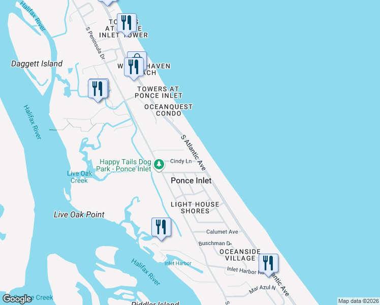 map of restaurants, bars, coffee shops, grocery stores, and more near 4686 South Atlantic Avenue in Port Orange