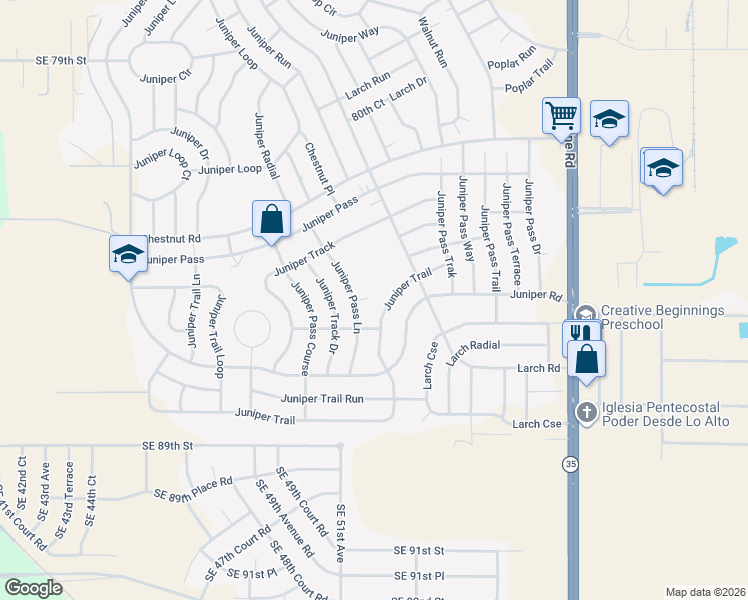 map of restaurants, bars, coffee shops, grocery stores, and more near 6 Juniper Pass Place in Ocala
