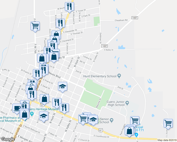 map of restaurants, bars, coffee shops, grocery stores, and more near 609 3rd Street in Cuero
