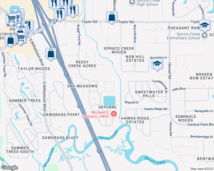 map of restaurants, bars, coffee shops, grocery stores, and more near 996 Grassy Ridge in Port Orange