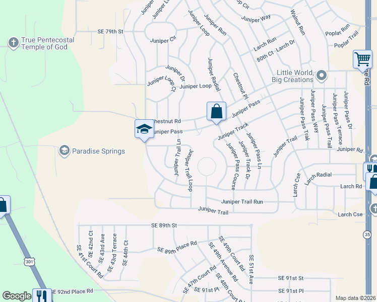 map of restaurants, bars, coffee shops, grocery stores, and more near 7 Juniper Trail Lane in Ocala