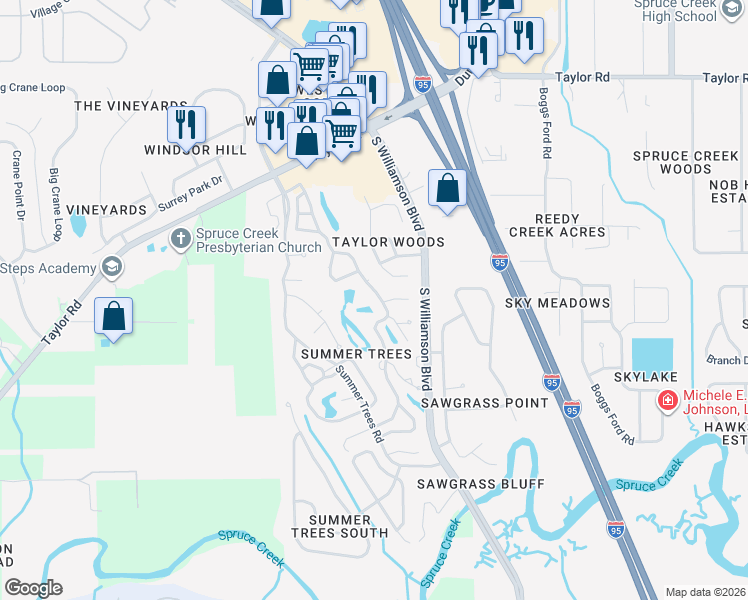 map of restaurants, bars, coffee shops, grocery stores, and more near 47 Crooked Pine Road in Port Orange