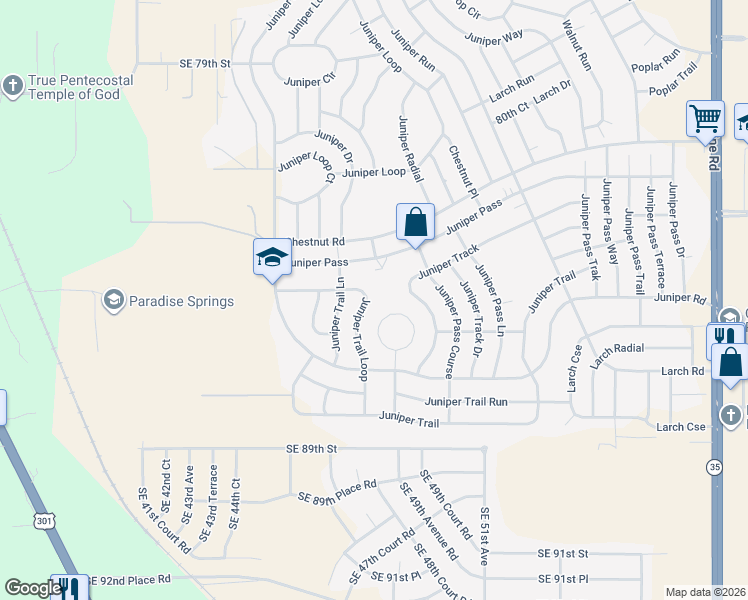 map of restaurants, bars, coffee shops, grocery stores, and more near 79 Juniper Trail Loop in Ocala