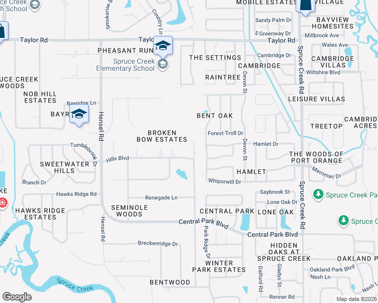 map of restaurants, bars, coffee shops, grocery stores, and more near 5924 Broken Bow Ln in Port Orange
