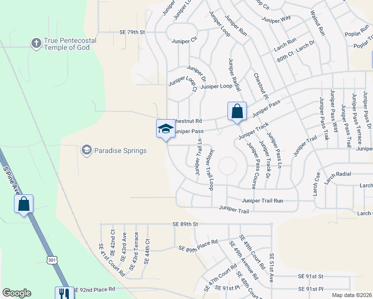 map of restaurants, bars, coffee shops, grocery stores, and more near 4 Juniper Trail Pass in Ocala