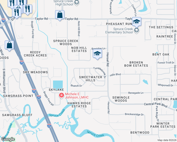 map of restaurants, bars, coffee shops, grocery stores, and more near 662 Reillys Road in Port Orange