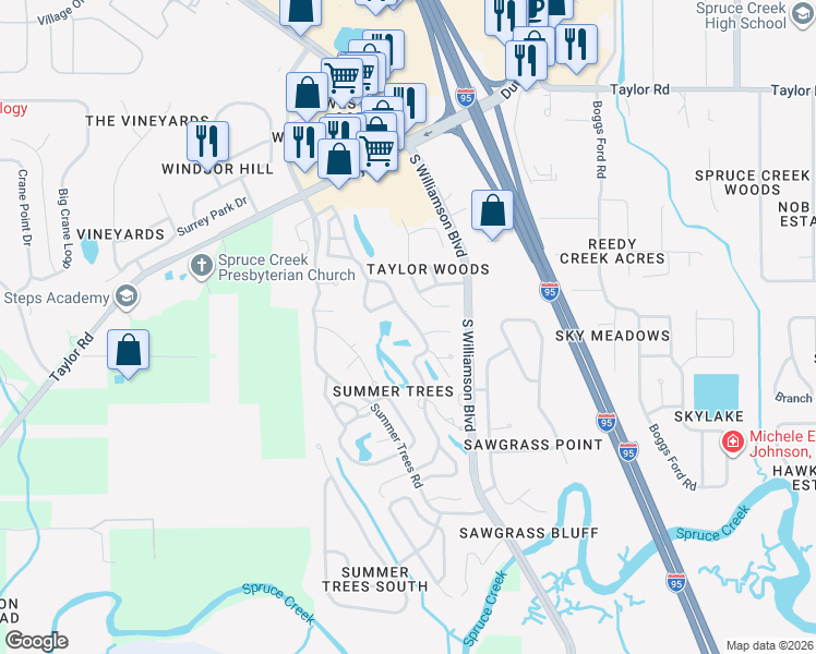 map of restaurants, bars, coffee shops, grocery stores, and more near 47 Crooked Pine Road in Port Orange