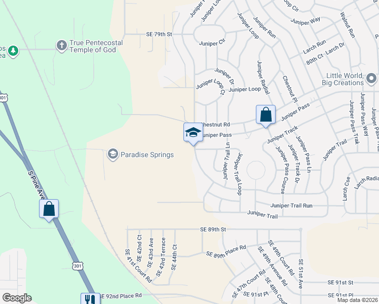map of restaurants, bars, coffee shops, grocery stores, and more near 8500 Juniper Road in Ocala
