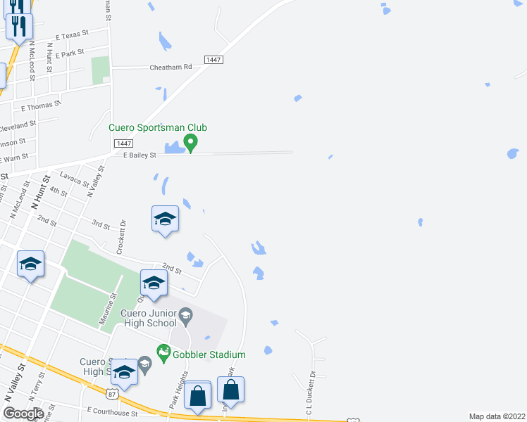 map of restaurants, bars, coffee shops, grocery stores, and more near 144 Industrial Park in Cuero