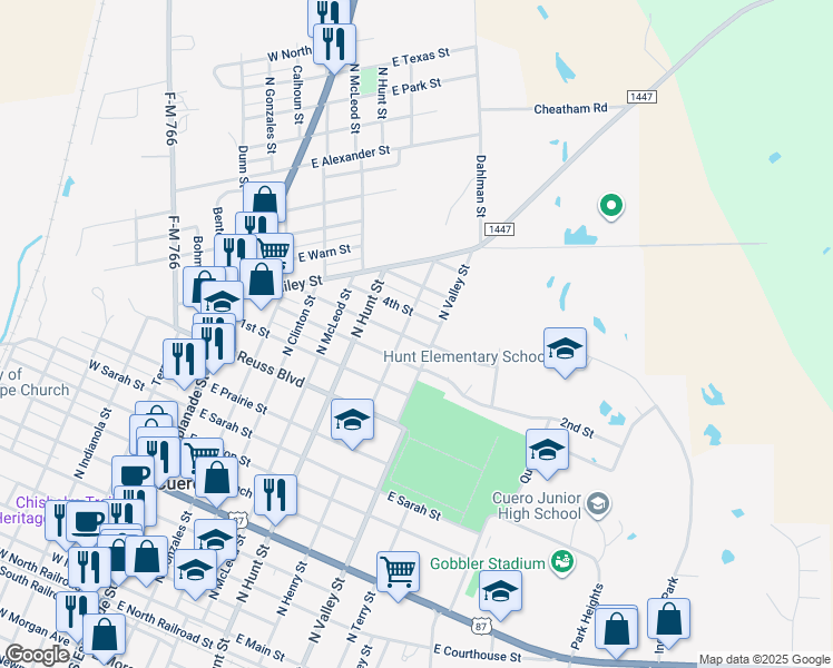map of restaurants, bars, coffee shops, grocery stores, and more near 609 3rd Street in Cuero