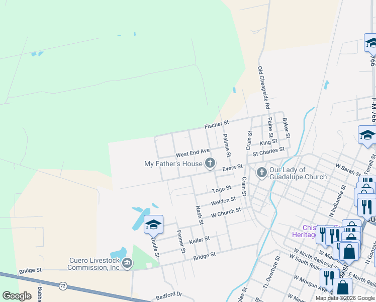 map of restaurants, bars, coffee shops, grocery stores, and more near 714 West End Avenue in Cuero