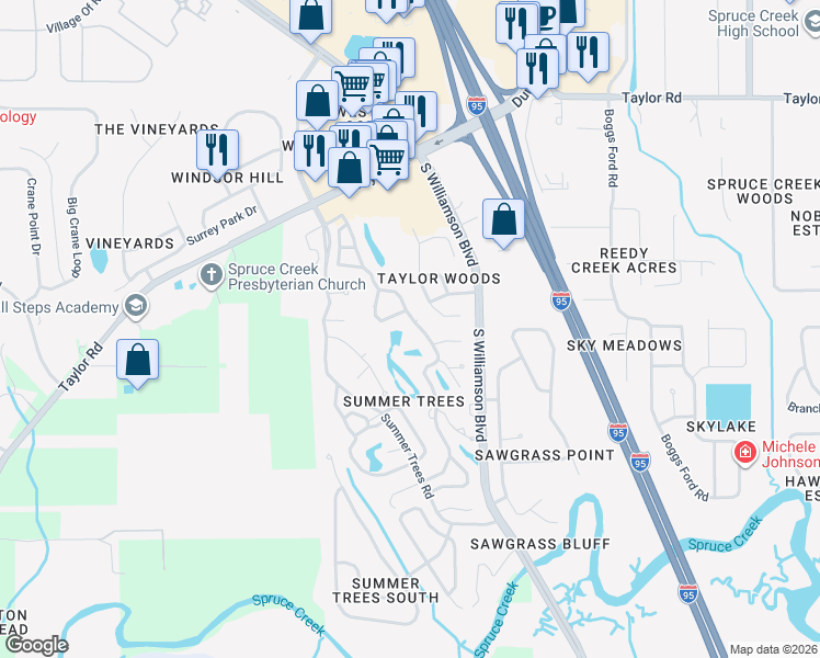 map of restaurants, bars, coffee shops, grocery stores, and more near 47 Crooked Pine Road in Port Orange