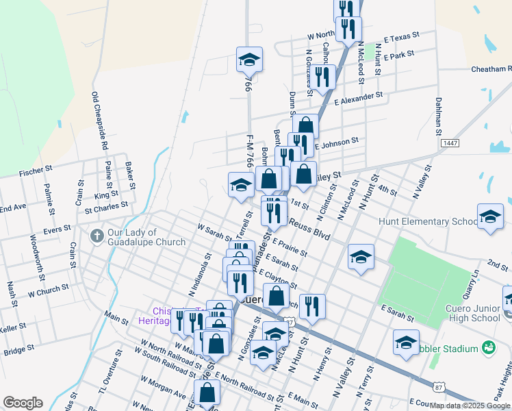 map of restaurants, bars, coffee shops, grocery stores, and more near 912 North Esplanade Street in Cuero