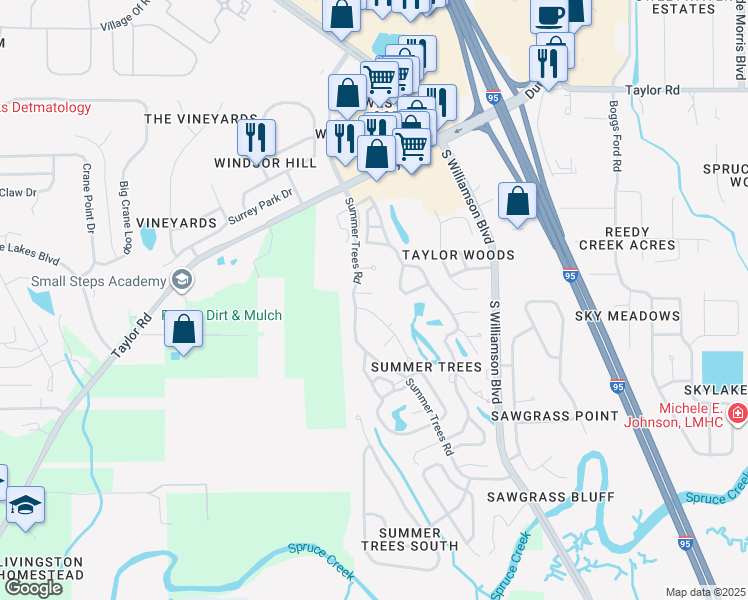 map of restaurants, bars, coffee shops, grocery stores, and more near 127 Cypress Pond Road in Port Orange