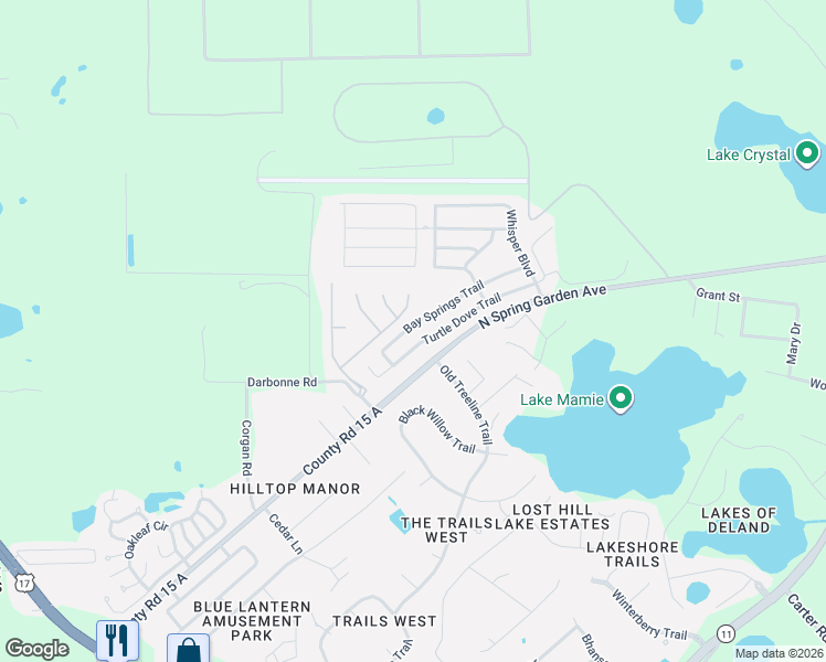 map of restaurants, bars, coffee shops, grocery stores, and more near 3104 Bay Springs Trail in DeLand