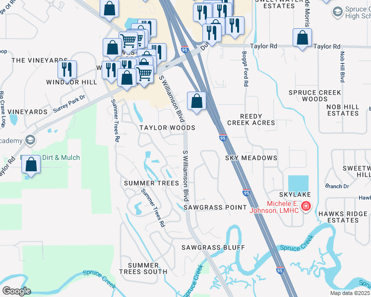 map of restaurants, bars, coffee shops, grocery stores, and more near 5900 South Williamson Boulevard in Port Orange
