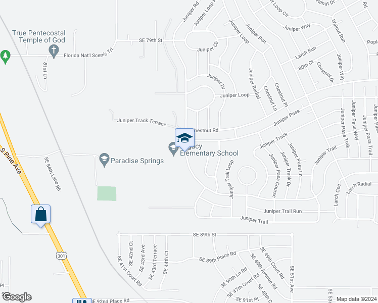 map of restaurants, bars, coffee shops, grocery stores, and more near 45 Juniper Trail Loop in Ocala