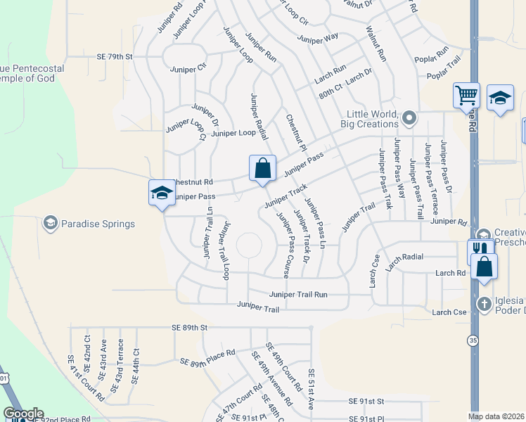 map of restaurants, bars, coffee shops, grocery stores, and more near 69 Juniper Track in Ocala