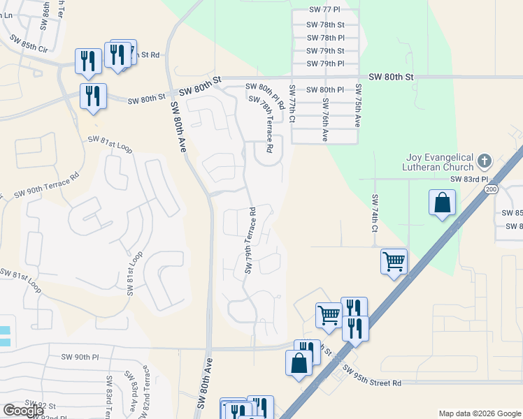 map of restaurants, bars, coffee shops, grocery stores, and more near 7799 Southwest 84th Loop in Ocala