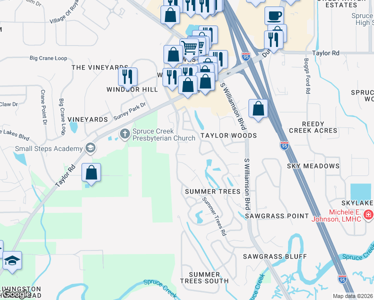 map of restaurants, bars, coffee shops, grocery stores, and more near 23 Summer Trees Road in Port Orange