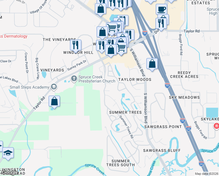 map of restaurants, bars, coffee shops, grocery stores, and more near 23 Summer Trees Road in Port Orange