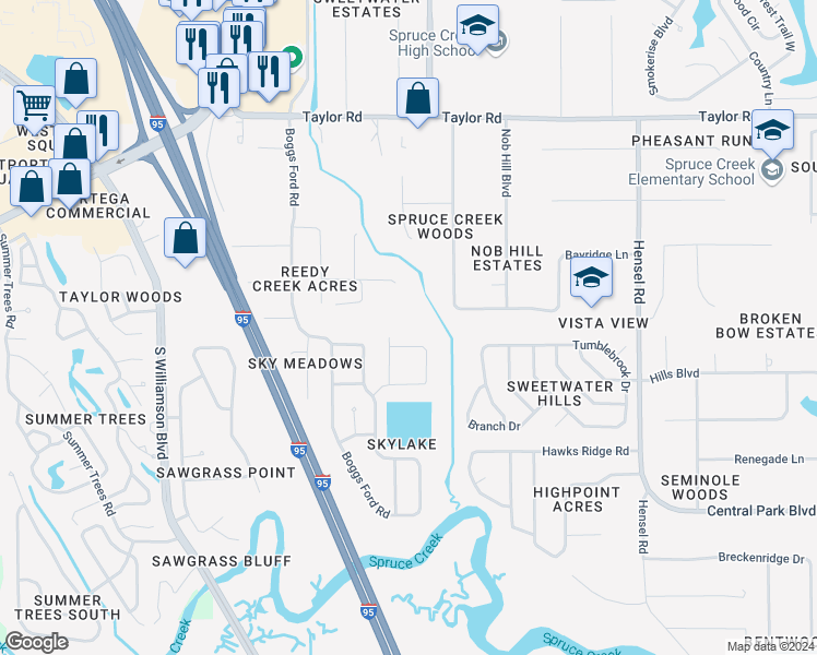 map of restaurants, bars, coffee shops, grocery stores, and more near 980 Grassy Ridge in Port Orange