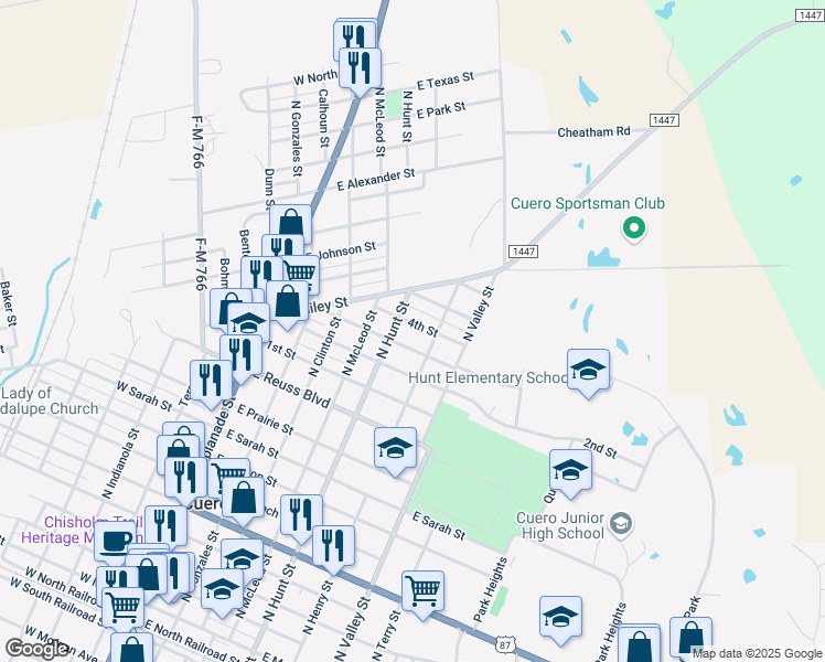 map of restaurants, bars, coffee shops, grocery stores, and more near 568 4th Street in Cuero