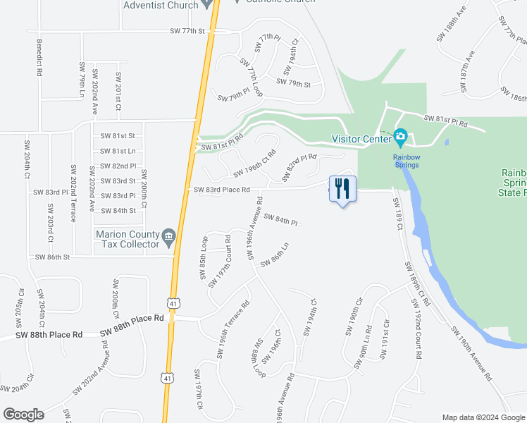 map of restaurants, bars, coffee shops, grocery stores, and more near 19597 Southwest 84th Place in Dunnellon