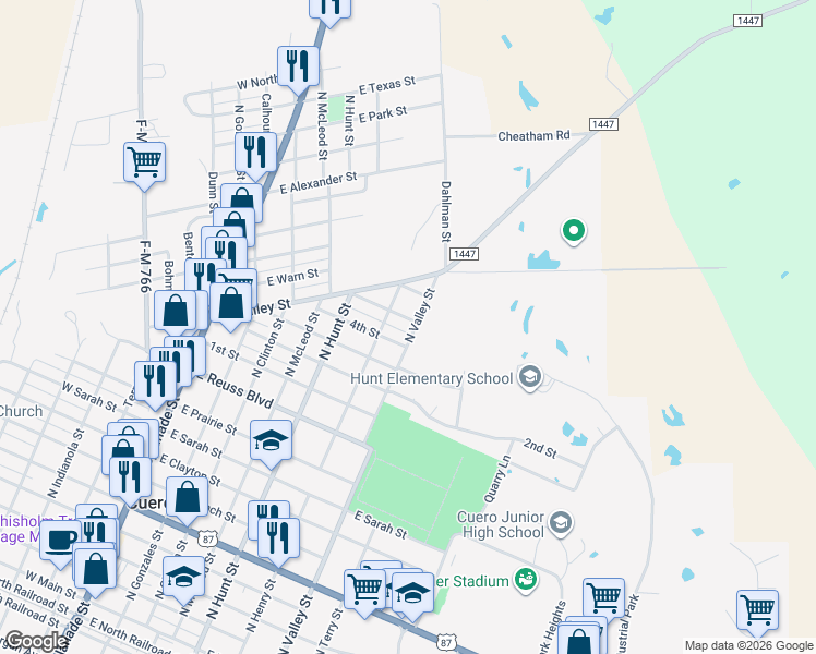 map of restaurants, bars, coffee shops, grocery stores, and more near 605 Lavaca Street in Cuero