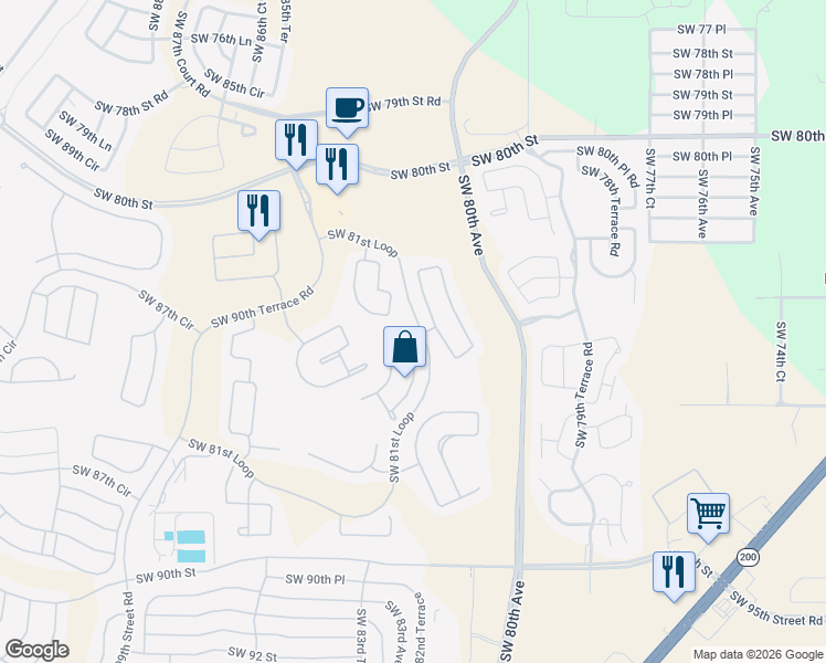 map of restaurants, bars, coffee shops, grocery stores, and more near 8259 Southwest 84th Place Road in Ocala