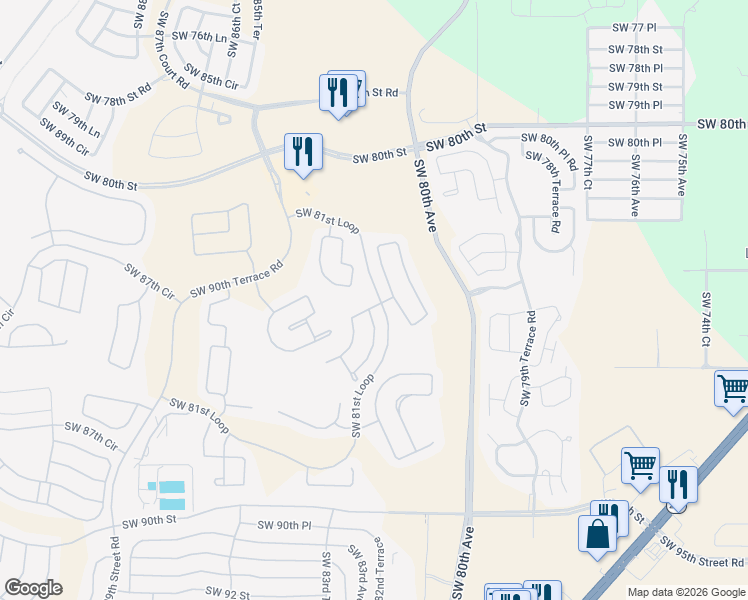 map of restaurants, bars, coffee shops, grocery stores, and more near 8259 Southwest 84th Place Road in Ocala