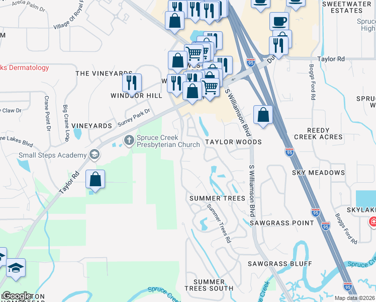 map of restaurants, bars, coffee shops, grocery stores, and more near 23 Summer Trees Road in Port Orange