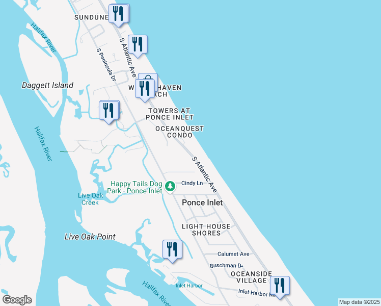 map of restaurants, bars, coffee shops, grocery stores, and more near 4632 South Atlantic Avenue in Ponce Inlet